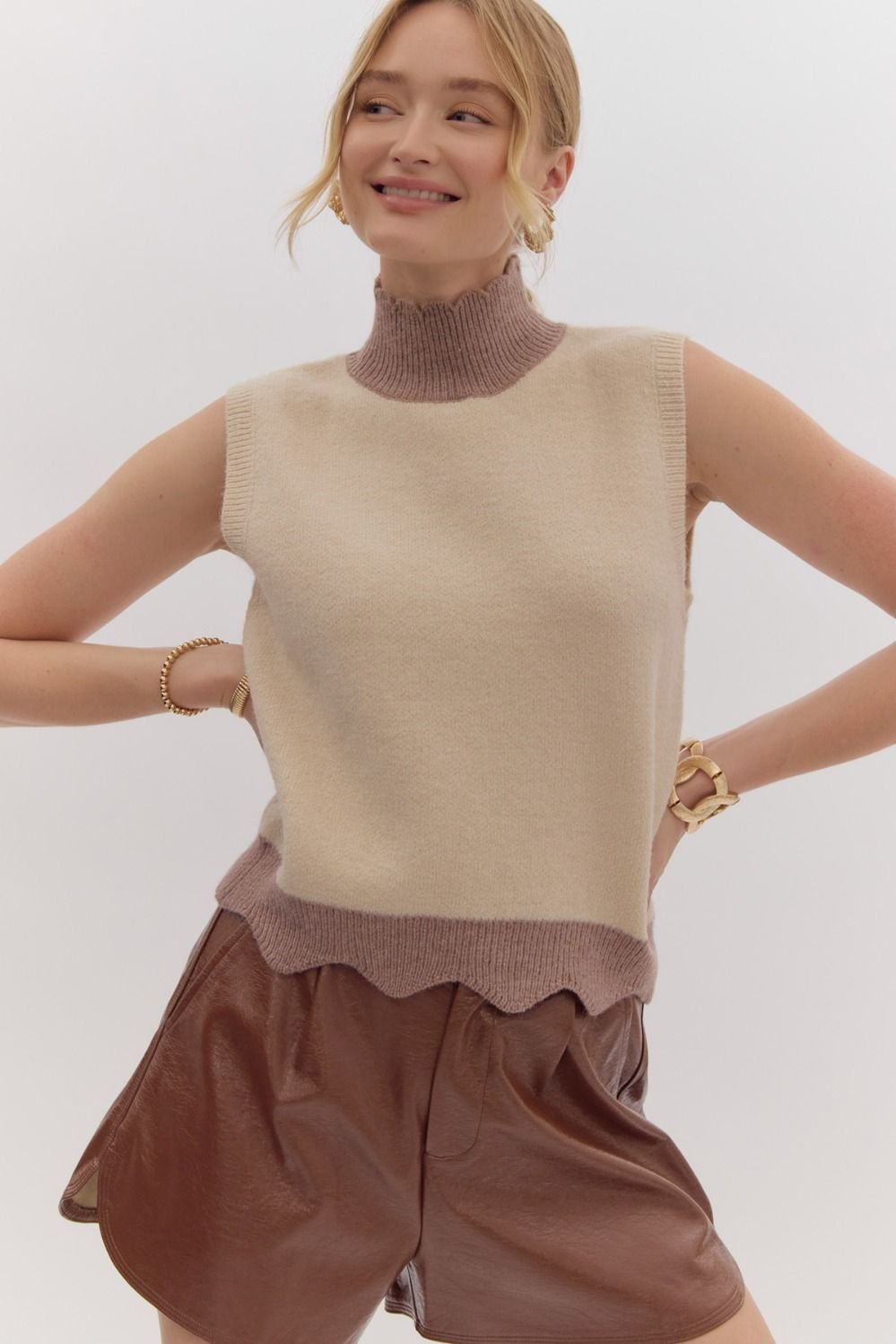 Oatmeal brown trim sweater top