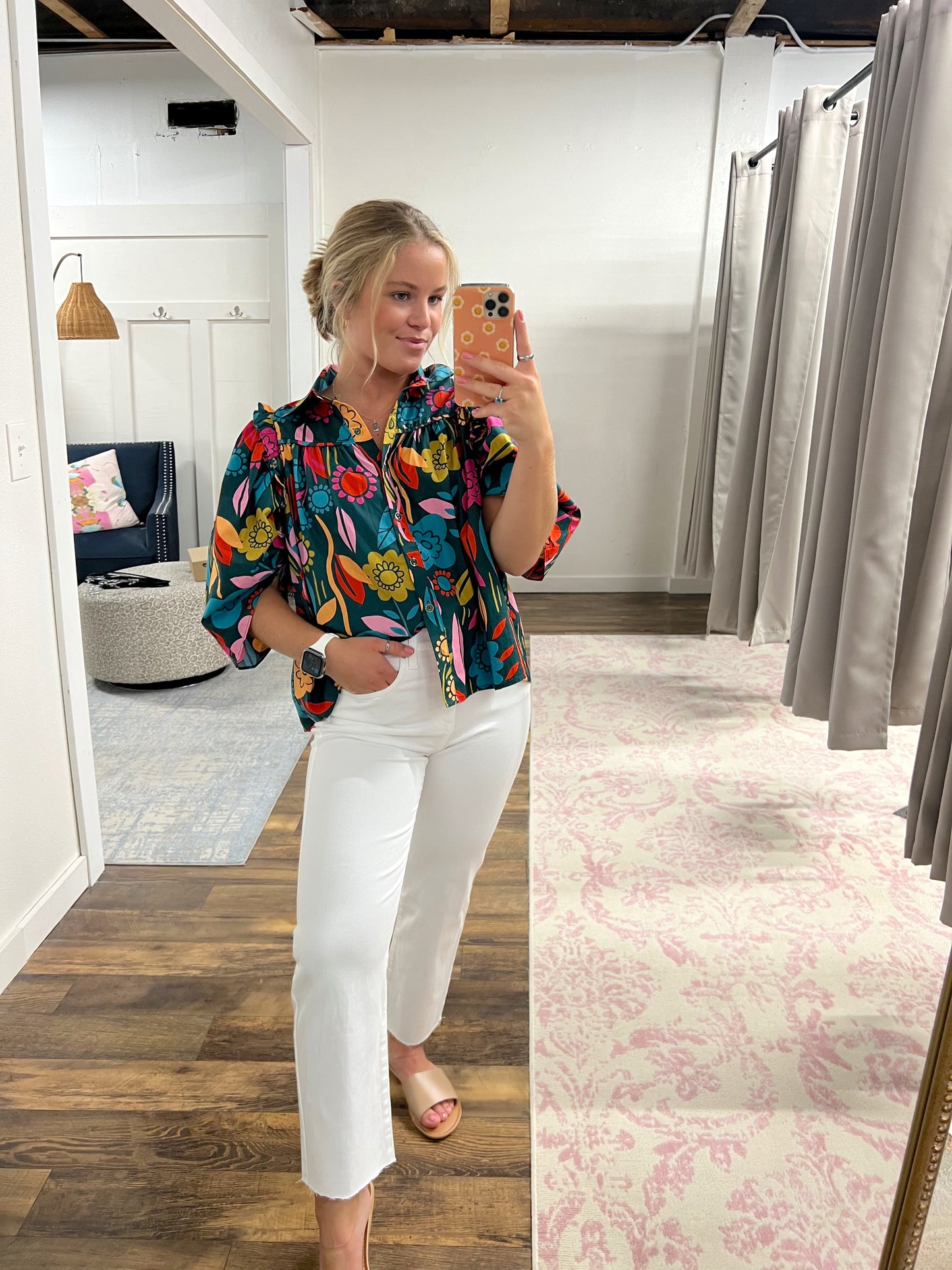 Retro Floral Garden Button Up Ruffle Top by KARLIE