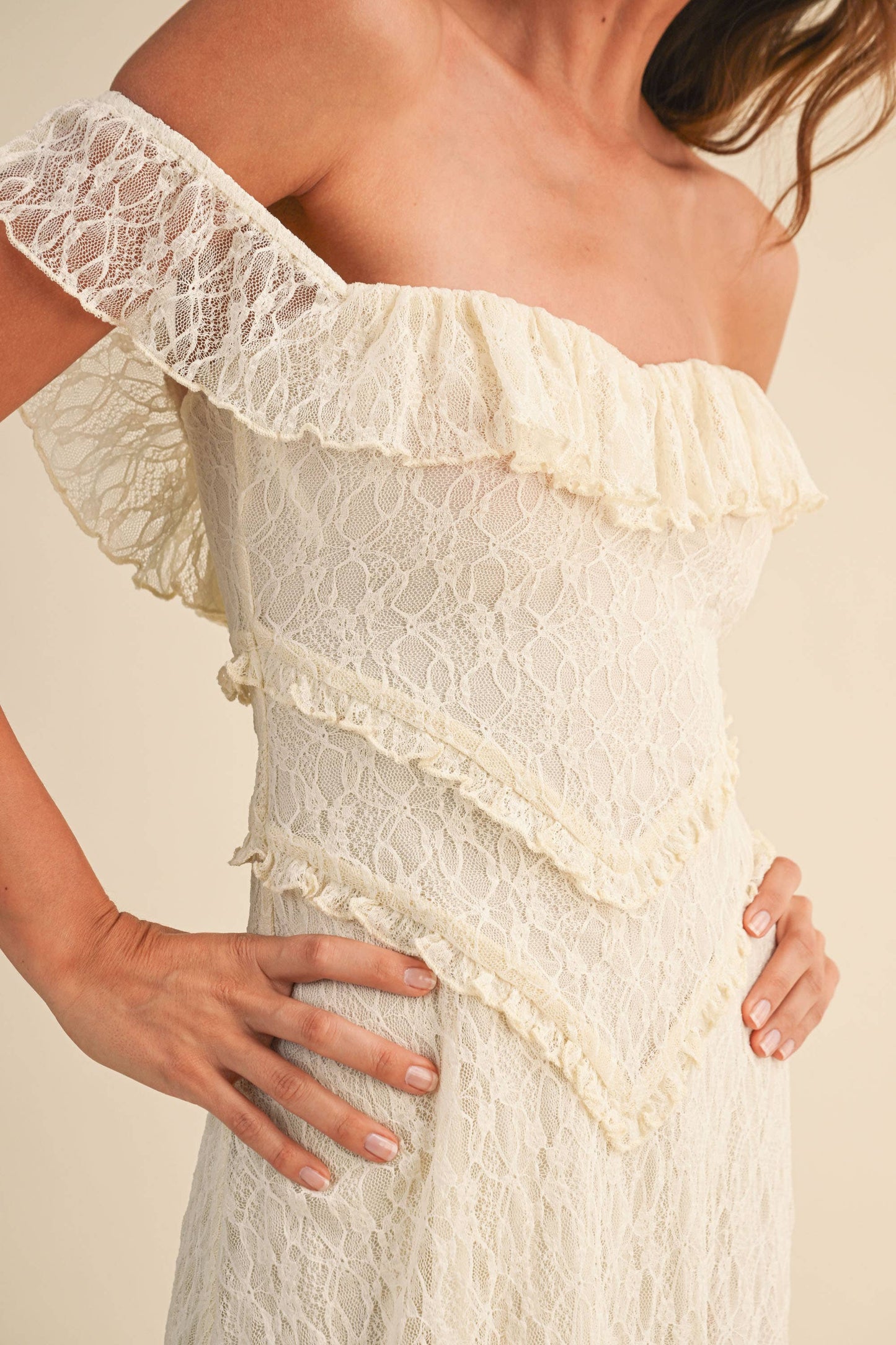 LACE OFF THE SHOULDER GODET FLARE MINI DRESS / FULLY