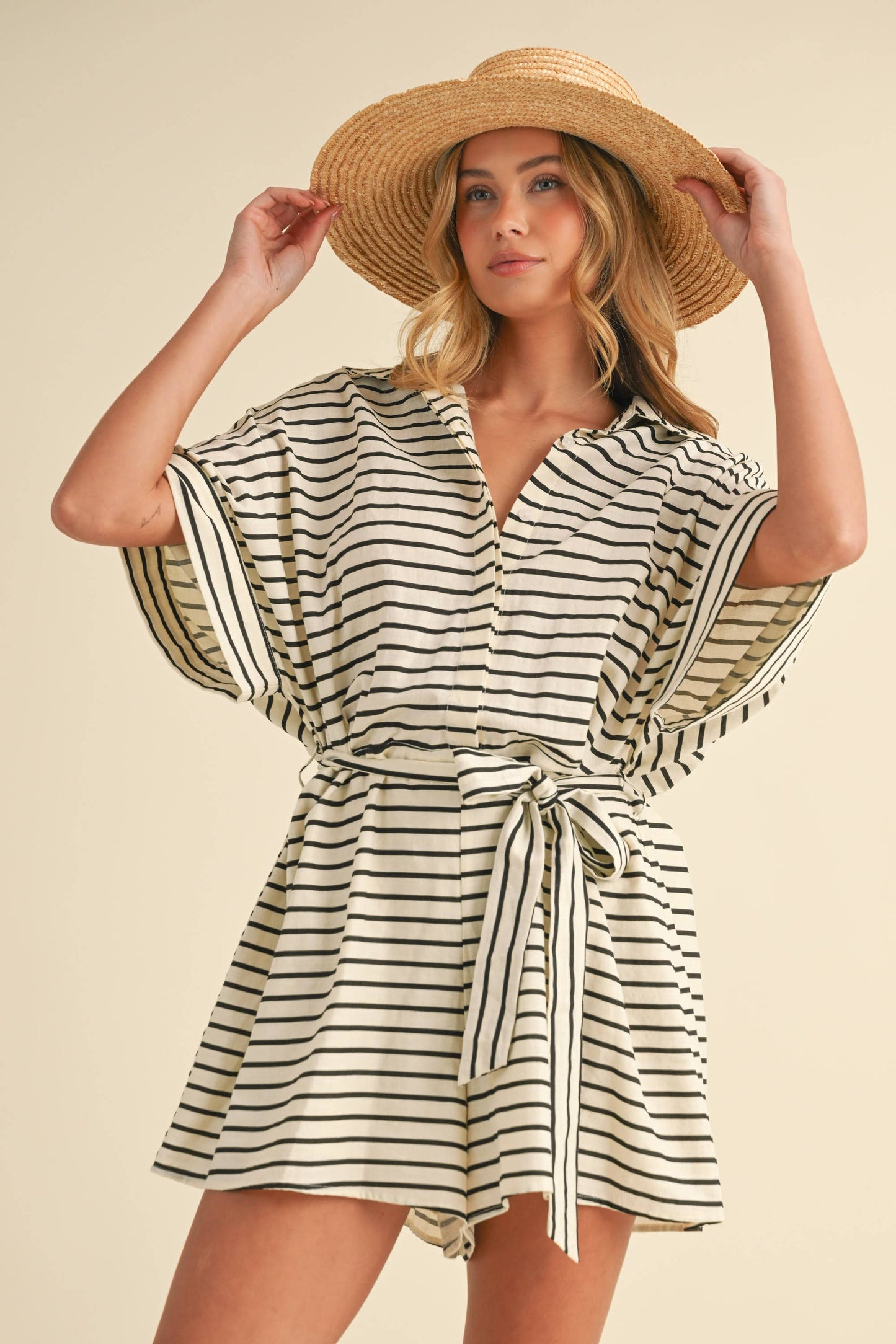 STRIPED RELAXED FIT BELTED SHORT SLEEVE ROMPER