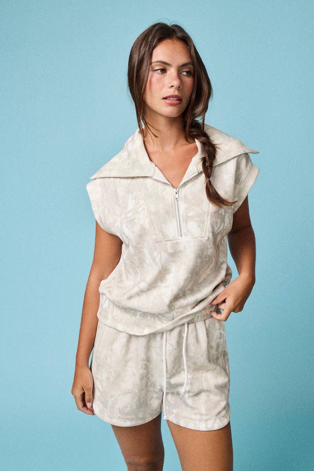 Camo Half Zip Slvls Top and Shorts Set
