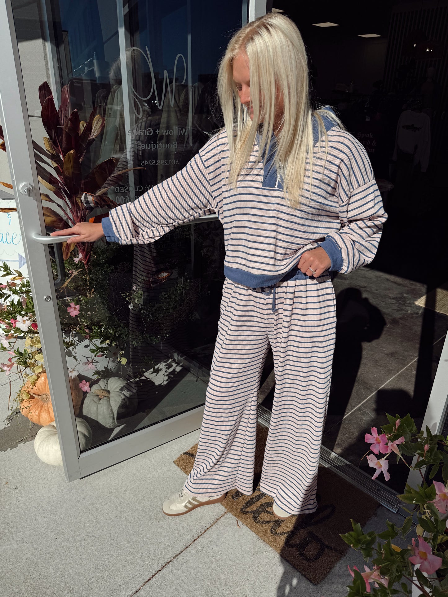 pink and denim blue stripe pant set