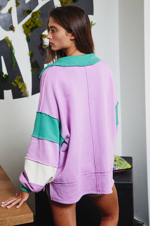 French Terry Color-block Collared Loose Fit Top