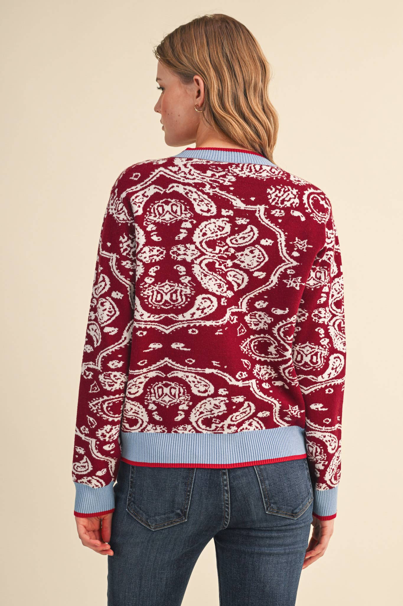 PAISLEY KNIT CONTRAST BUTTON DOWN SWEATER CARDIGAN