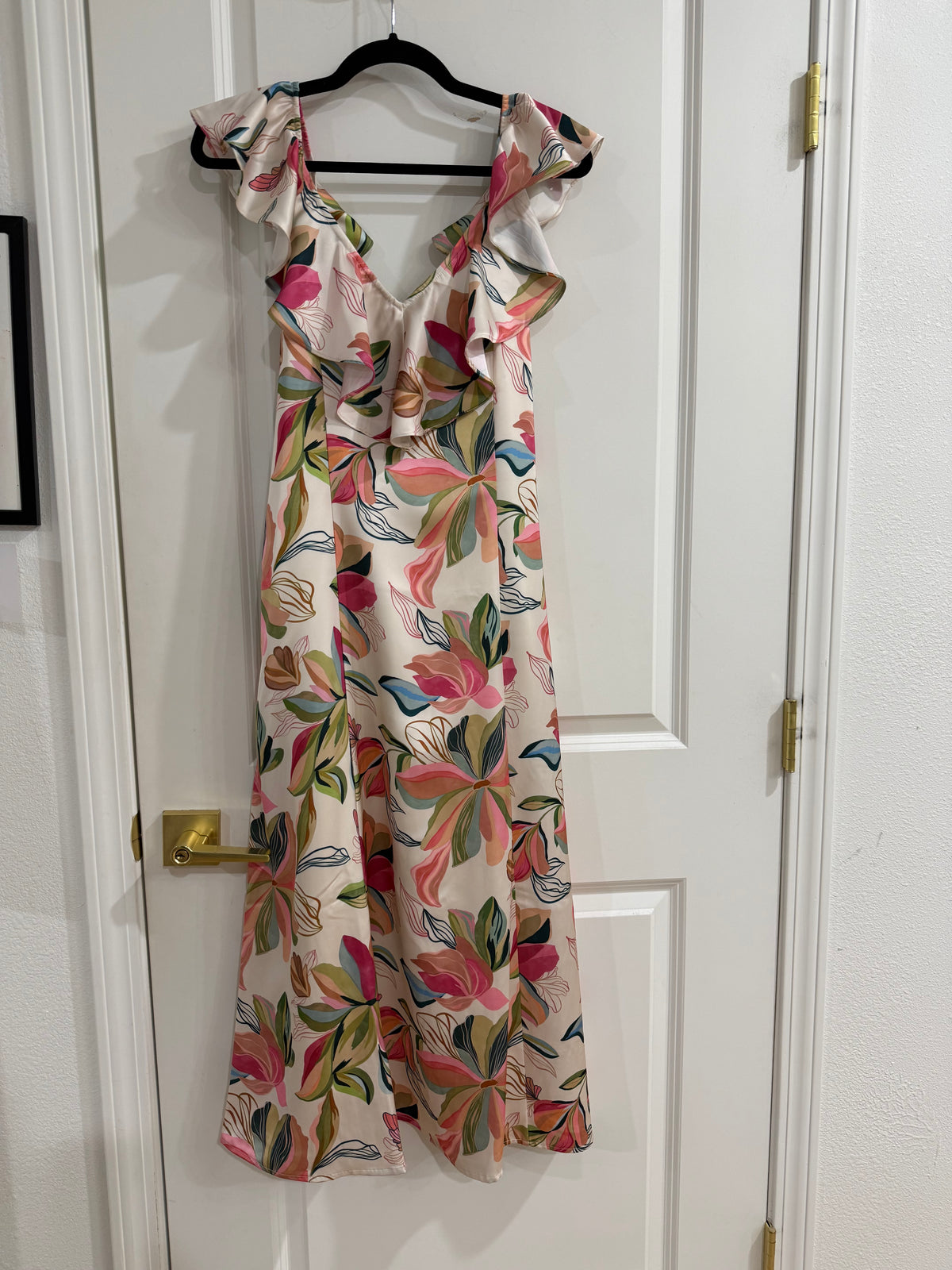 ruffle strap floral midi dress