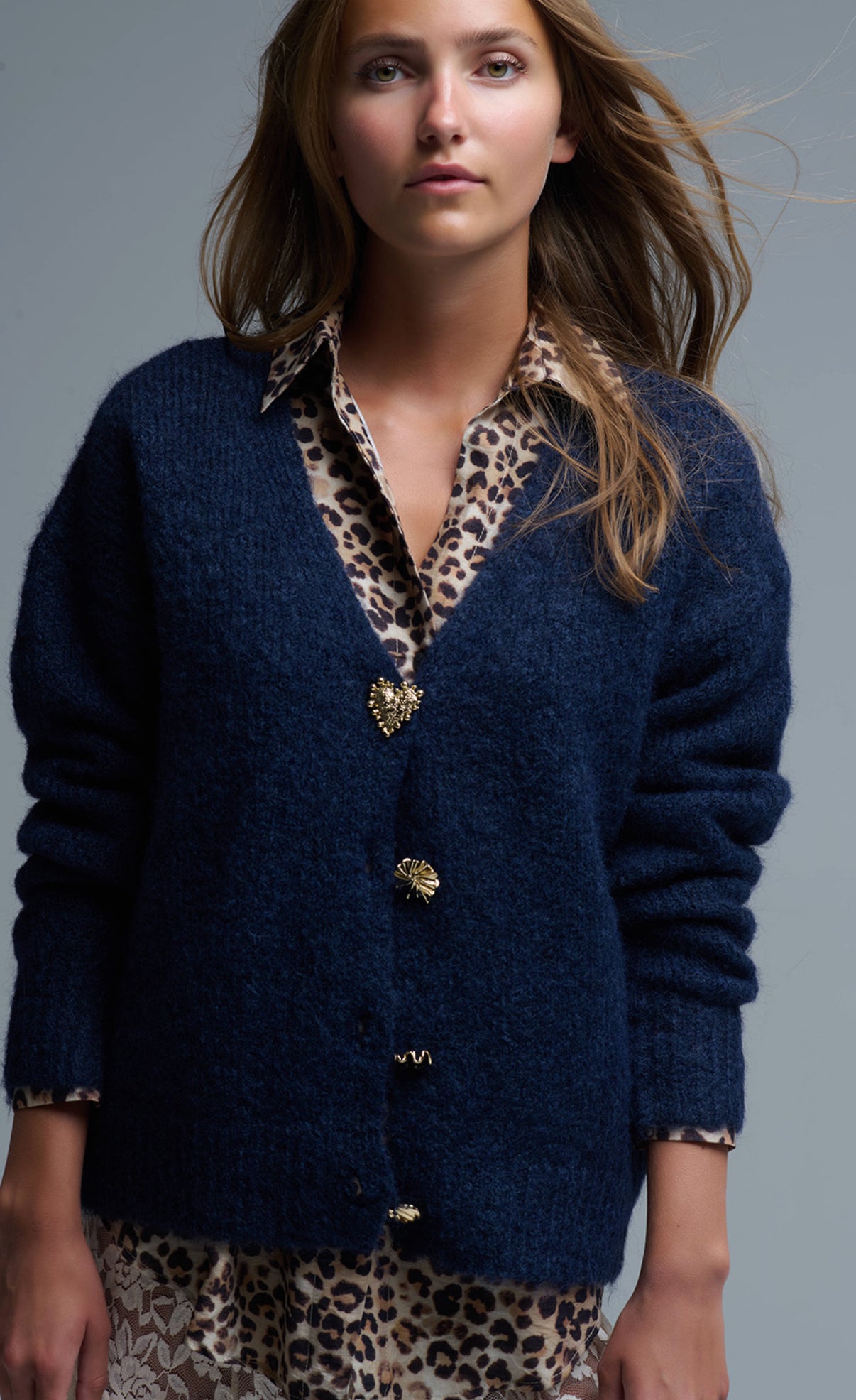 Chunky Navy Knitted Cardigan With Medley Gold Buttons