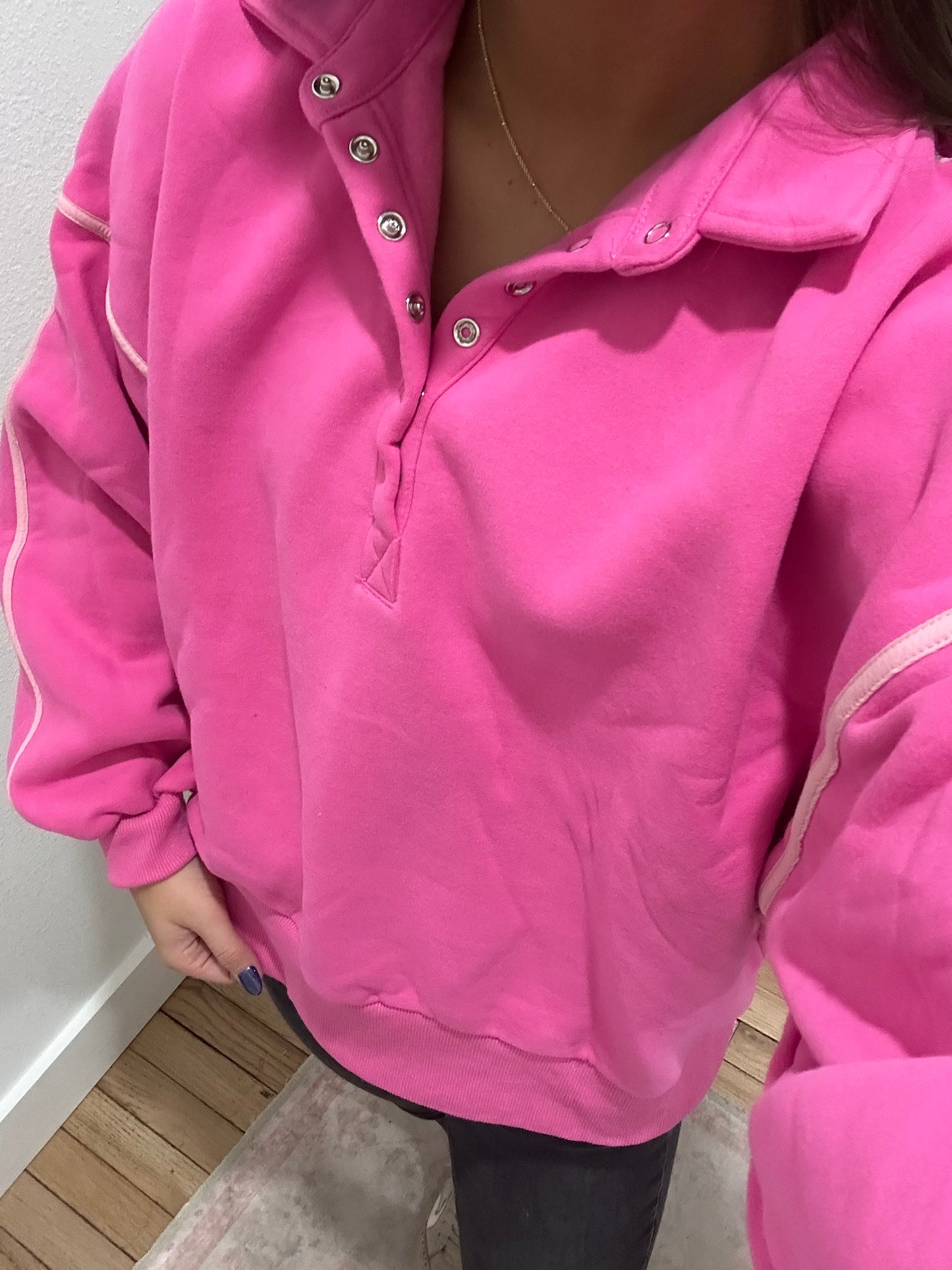 piper snap button contrast piping sweatshirt- PINK