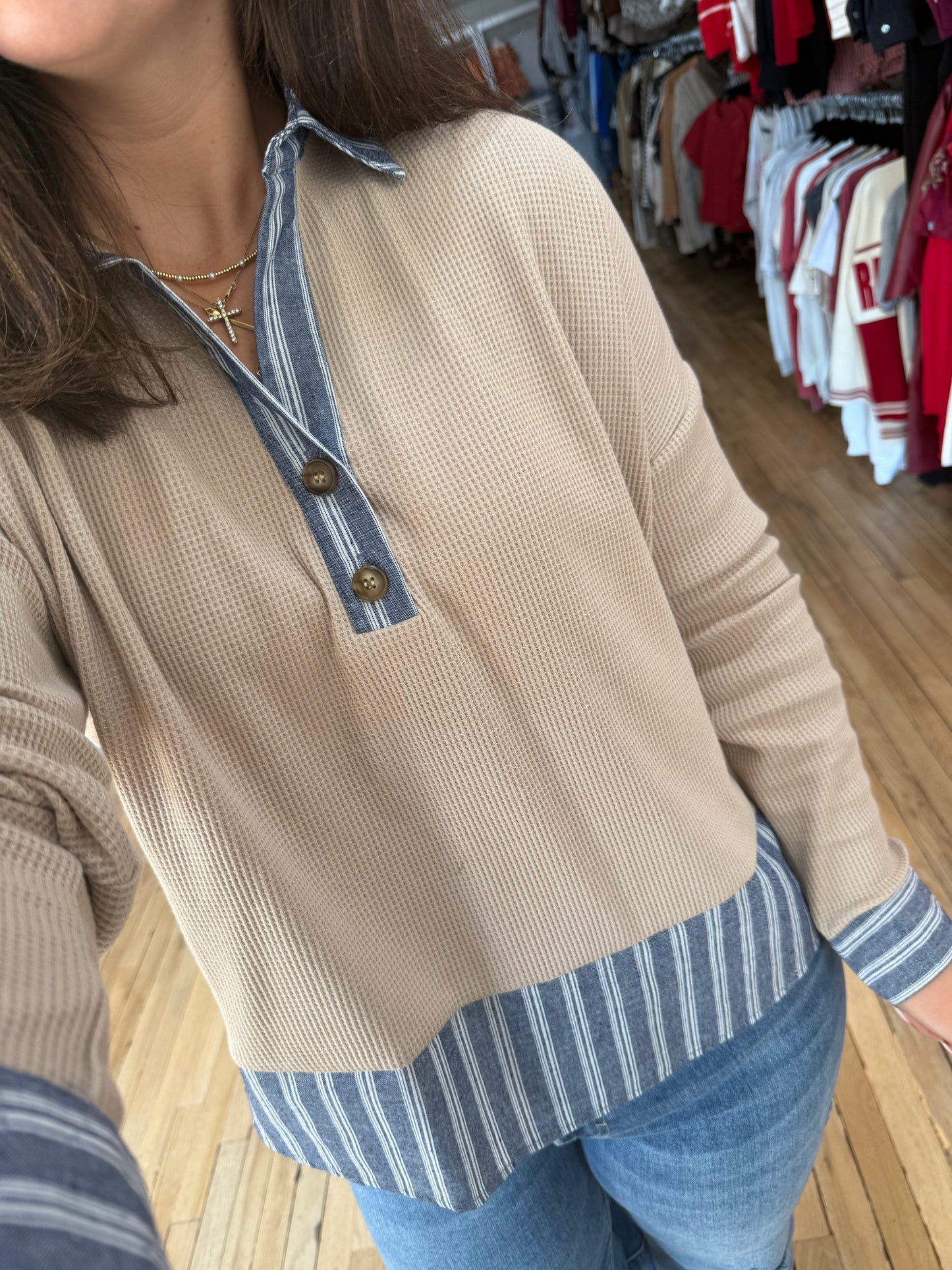 coco striped trim waffle knit top