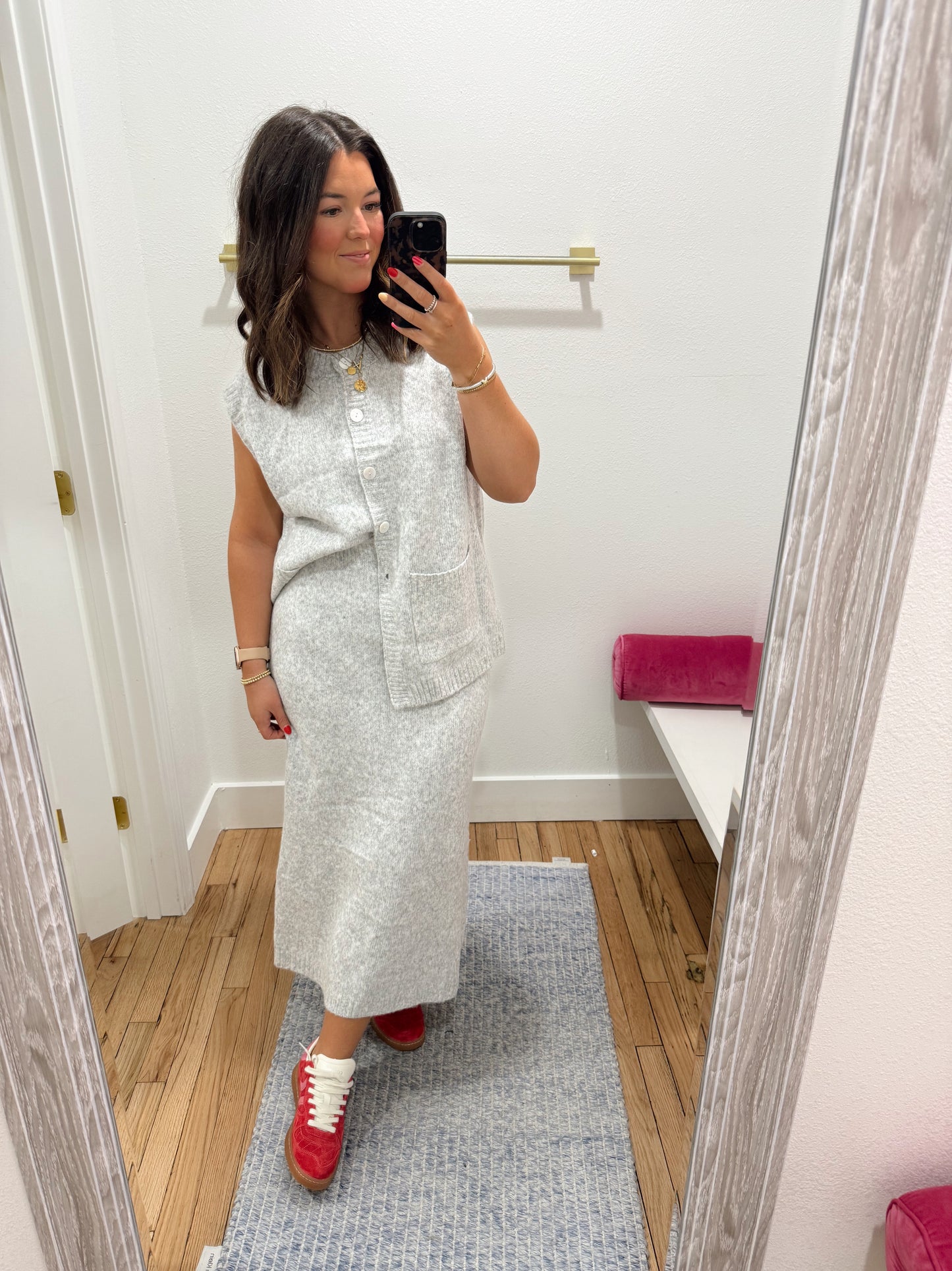 grey brushed sweater and skirt set