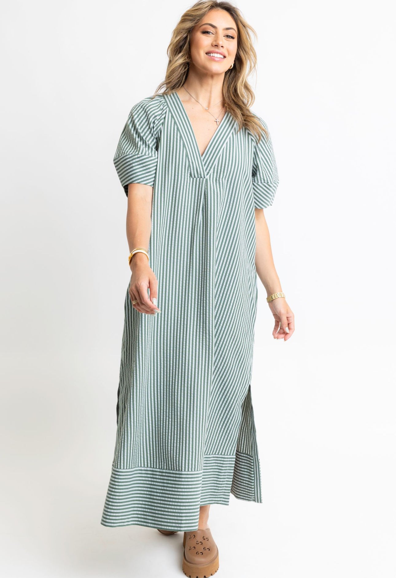 Stripe Vneck Puff Slv Maxi Dress - Karlie