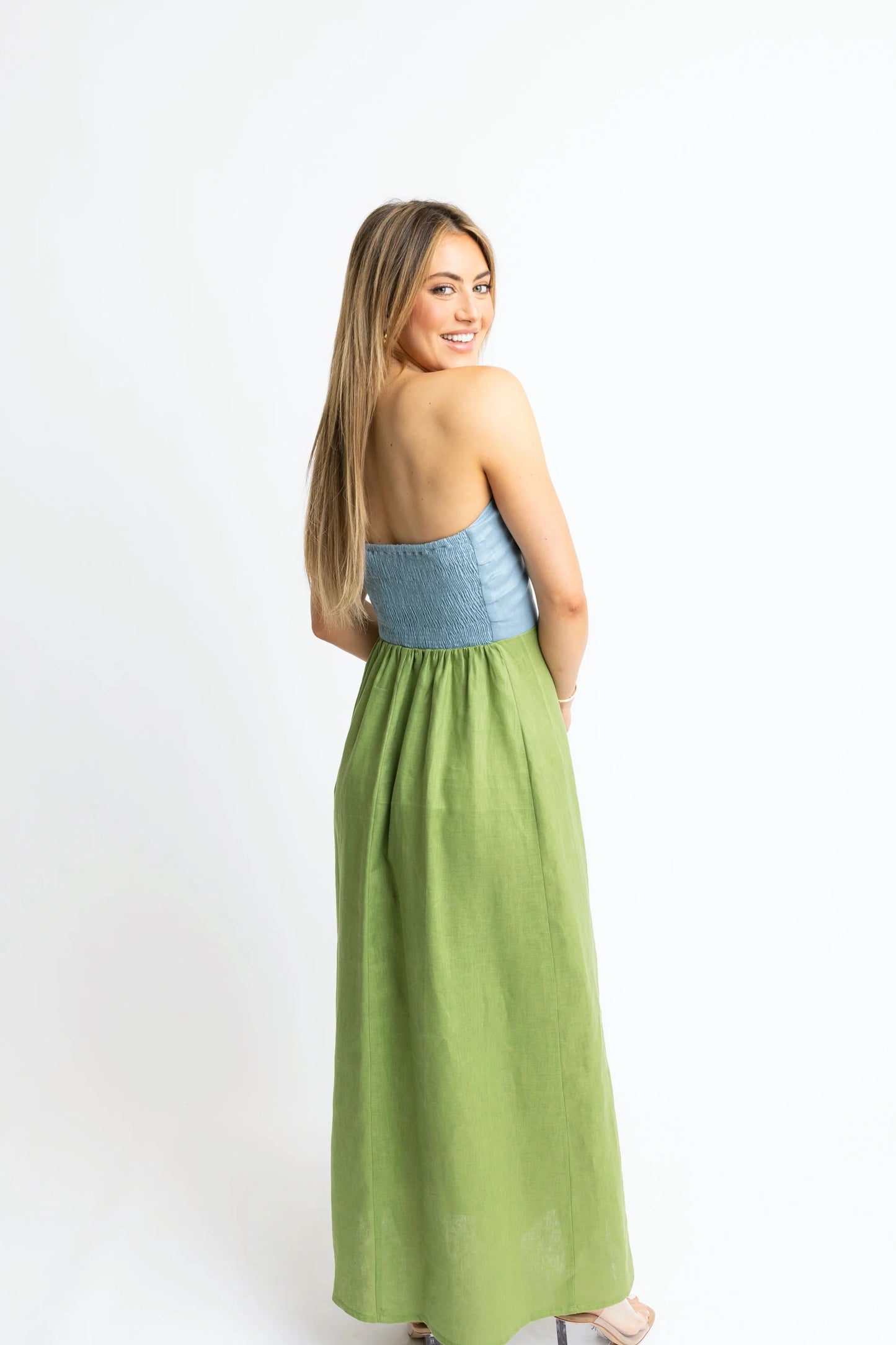 Colorblock linen bustier maxi dress