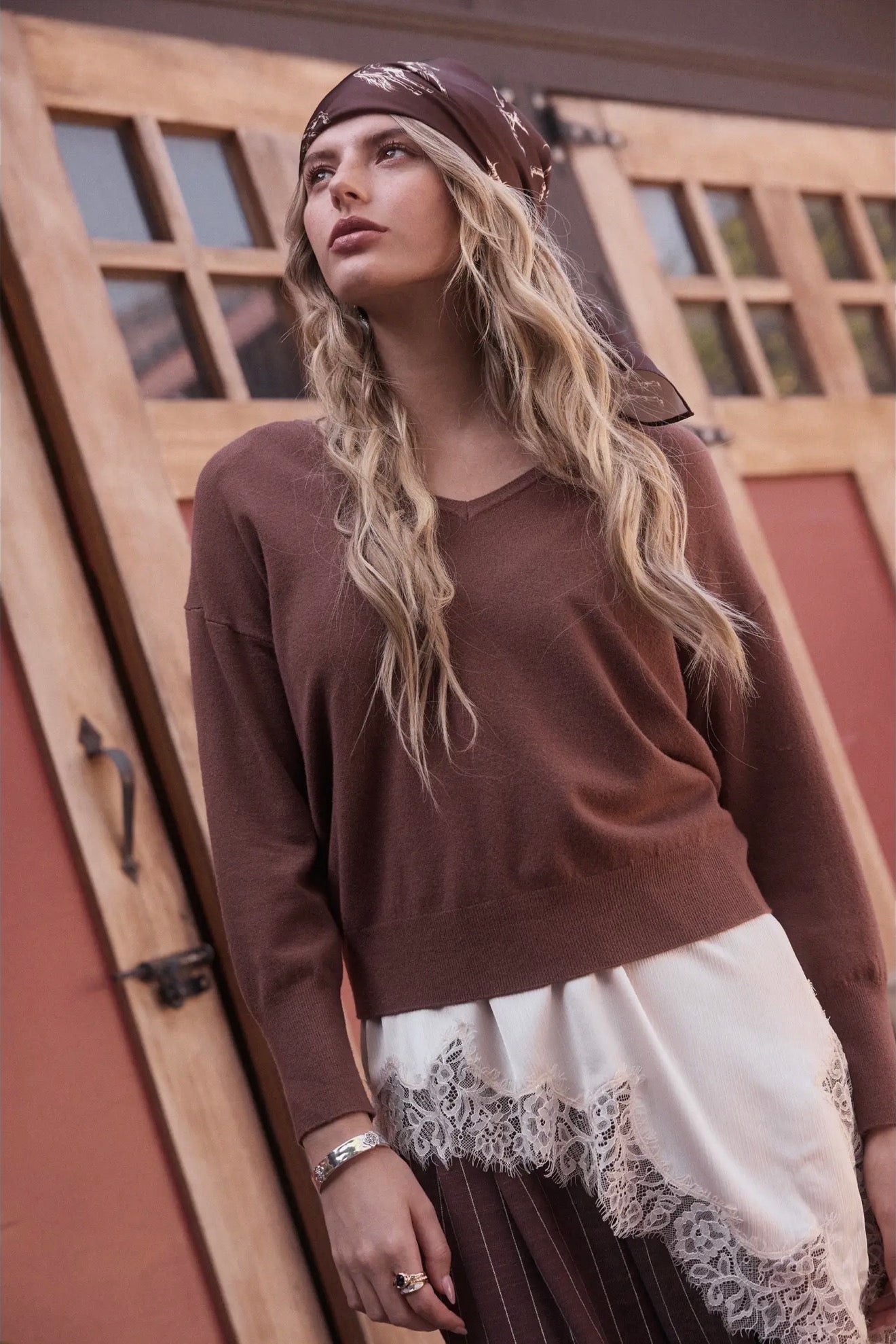 Brown V Neck Sweater Top