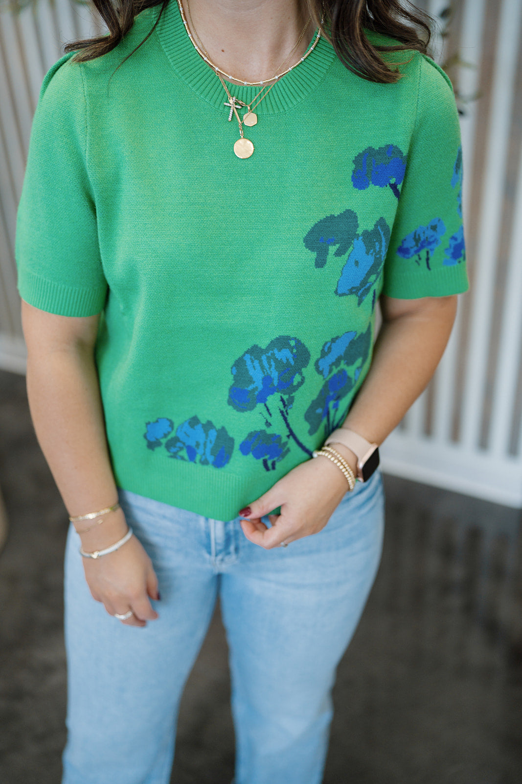 Kersey Floral Pleated Short Sleeve Sweater Top