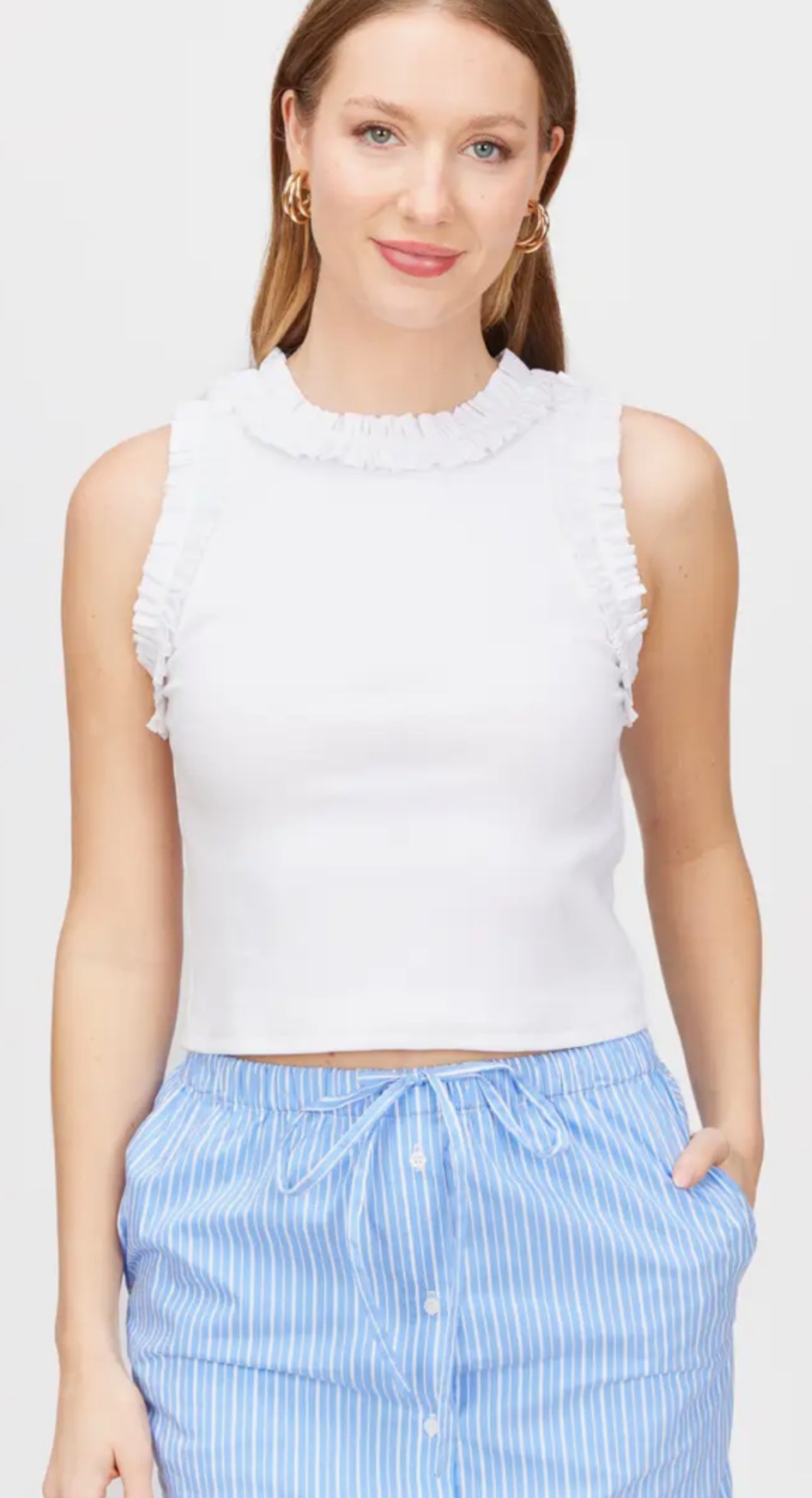 Ruffle Poplin Ribbed Sleeveless Top