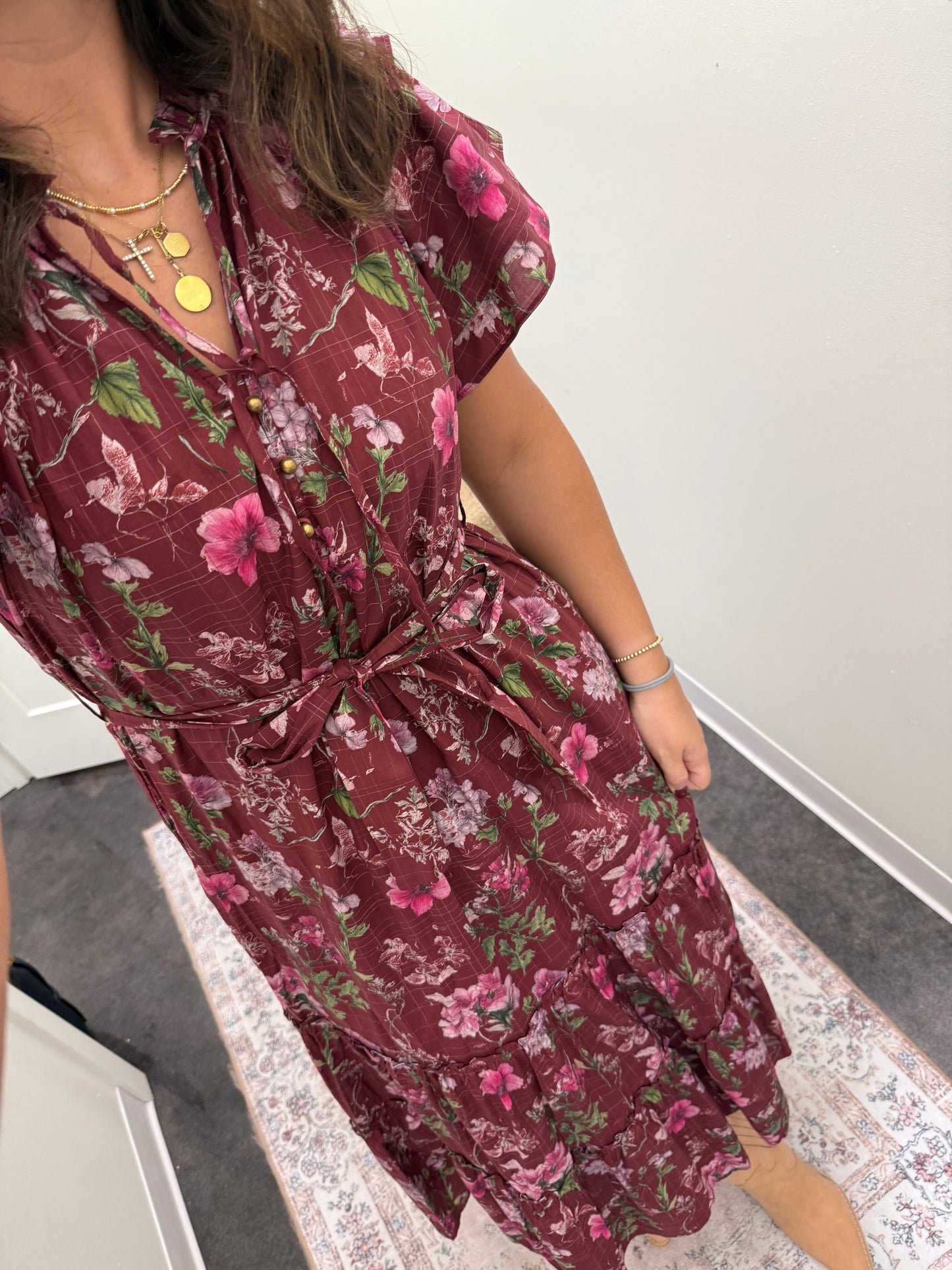 Burgundy midi floral dress