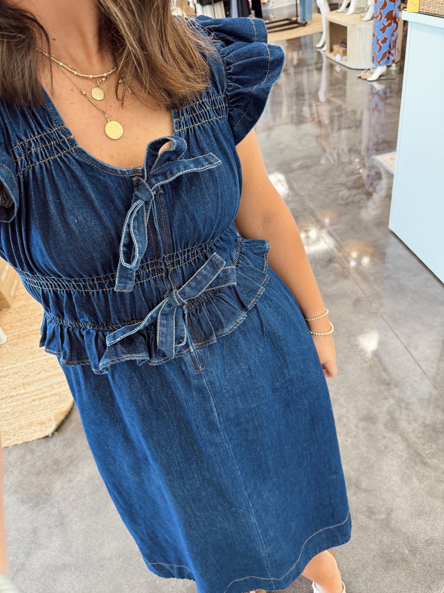 dark denim ruffle peplum midi dress
