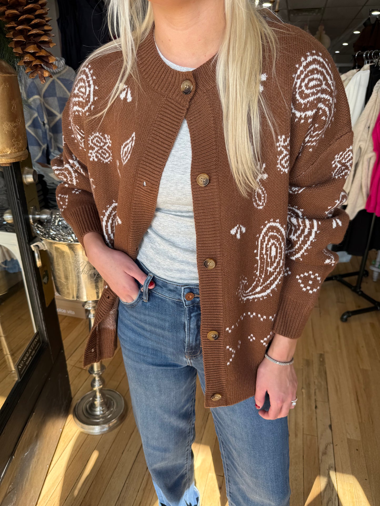 brown paisley cardigan