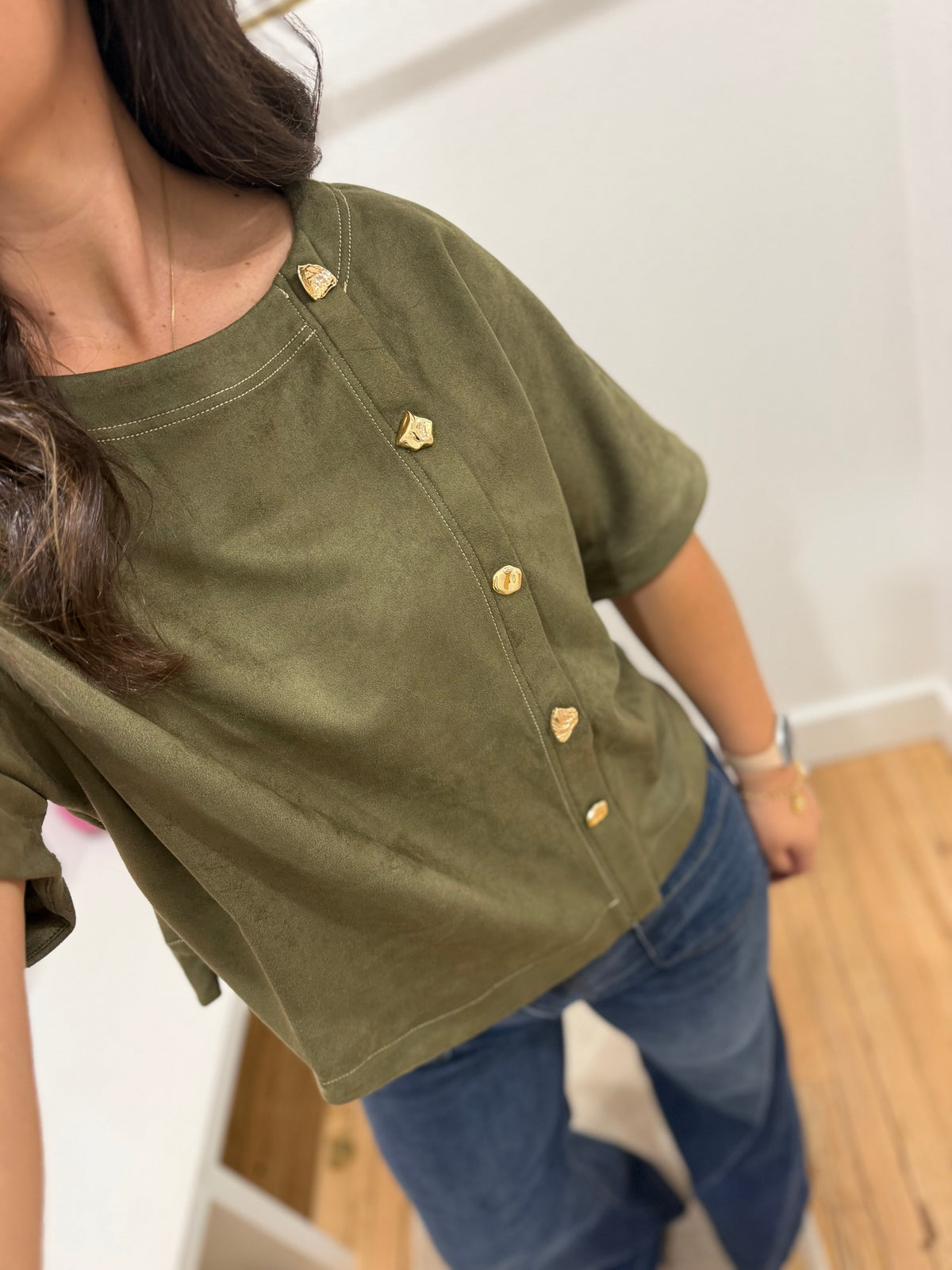 Suede olive top w/gold buttons