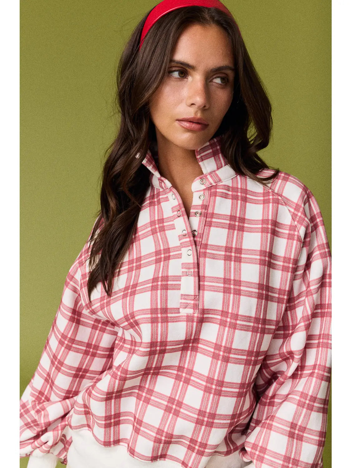 Natalie plaid snap button pullover