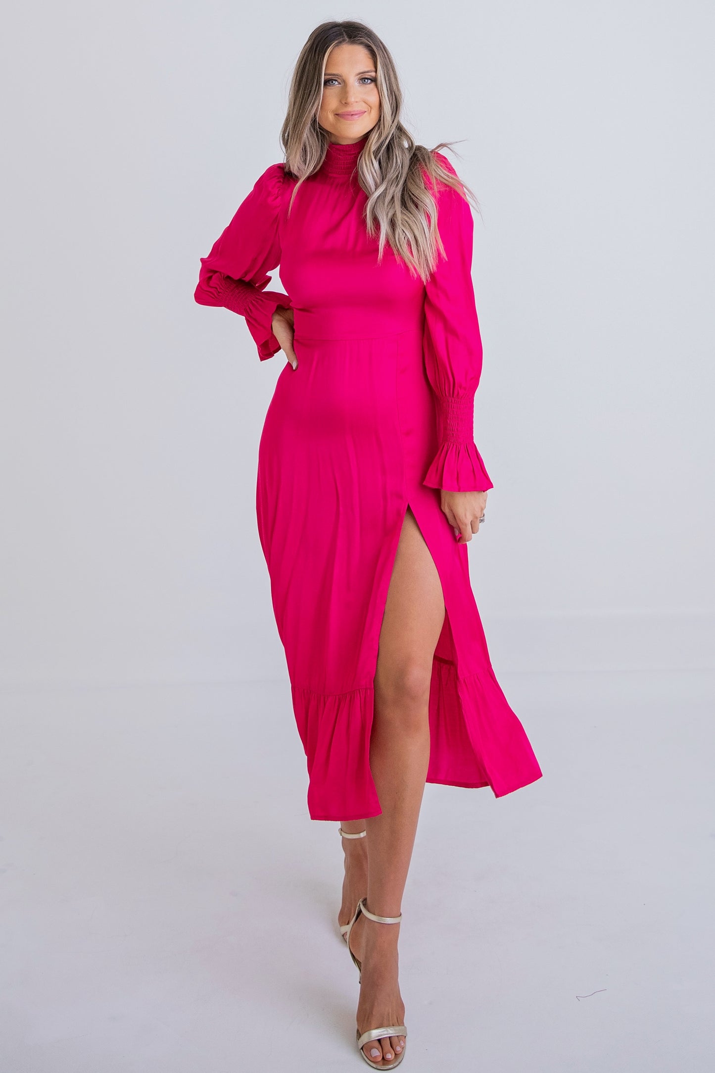 Solid Smock Neck Midi Dress by KARLIE
