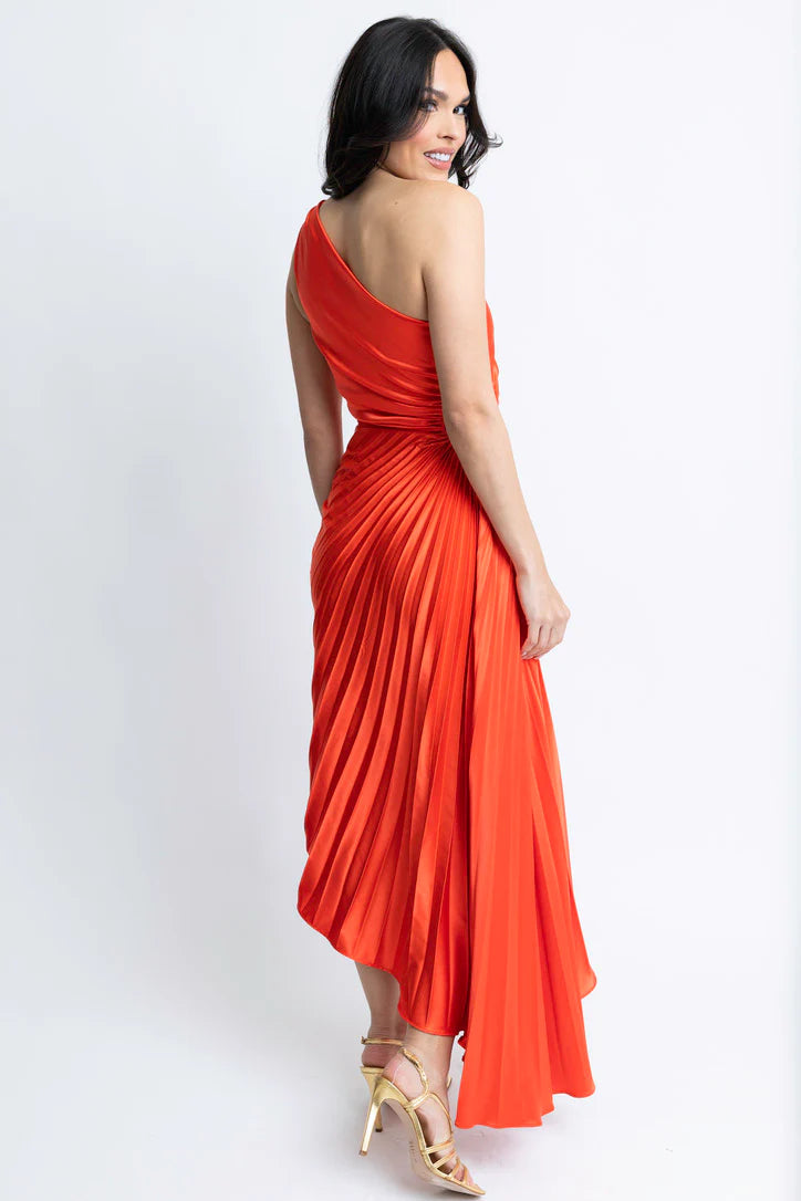 karlie solid satin one shoulder pleated maxi dress - was $109, now $54 final sale
