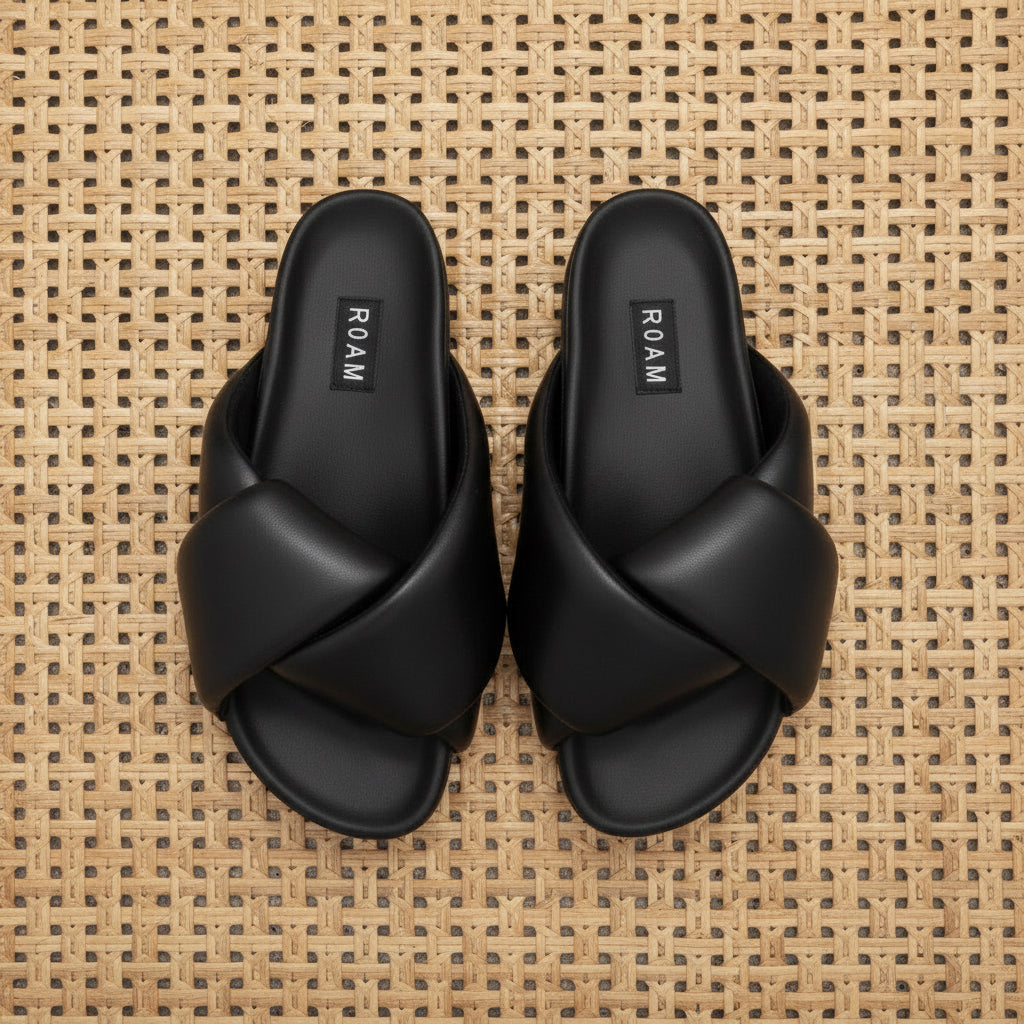 ROAM FOLDY black PUFFY SANDALS DUNE VEGAN LEATHER