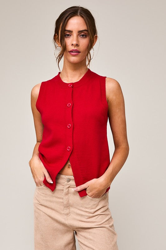 Red sleeveless button front top
