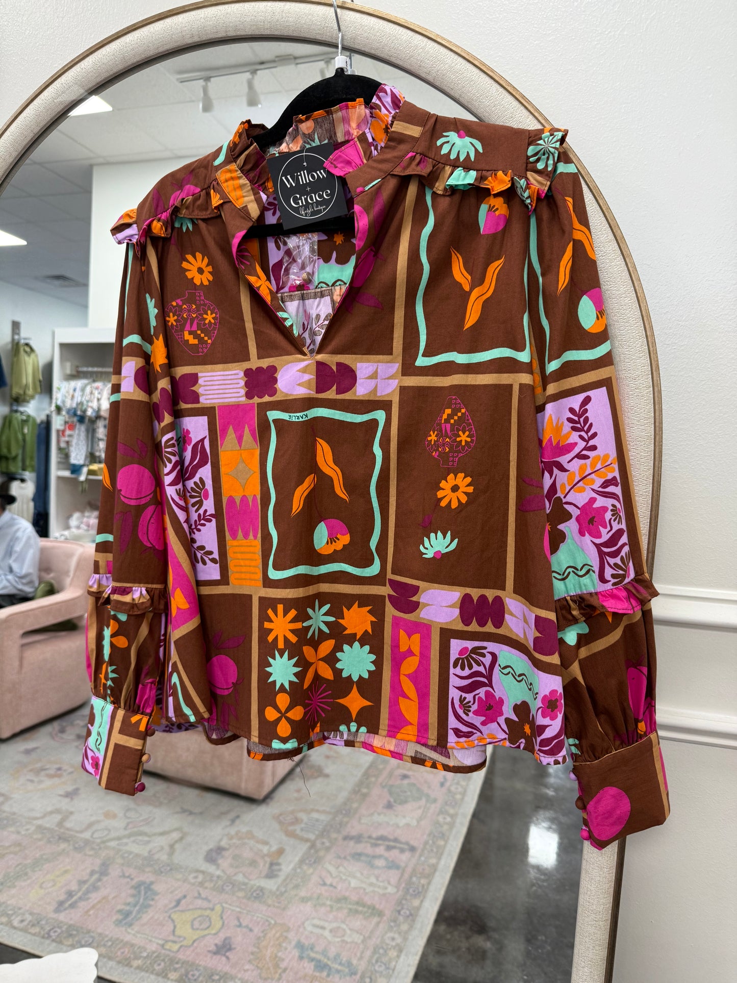 Floral frame neck ruffle top stripe-KARLIE