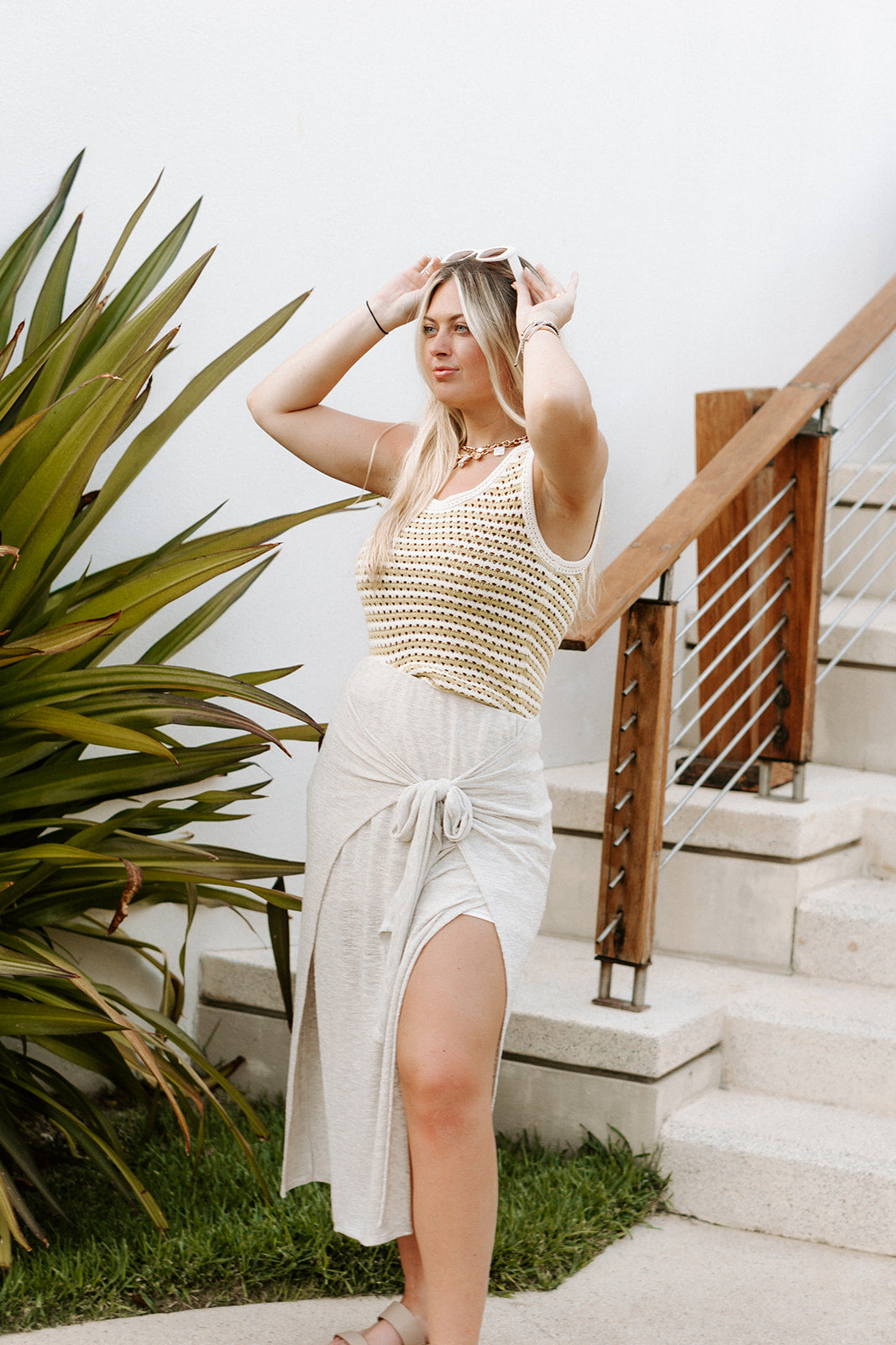 Green and white crochet top