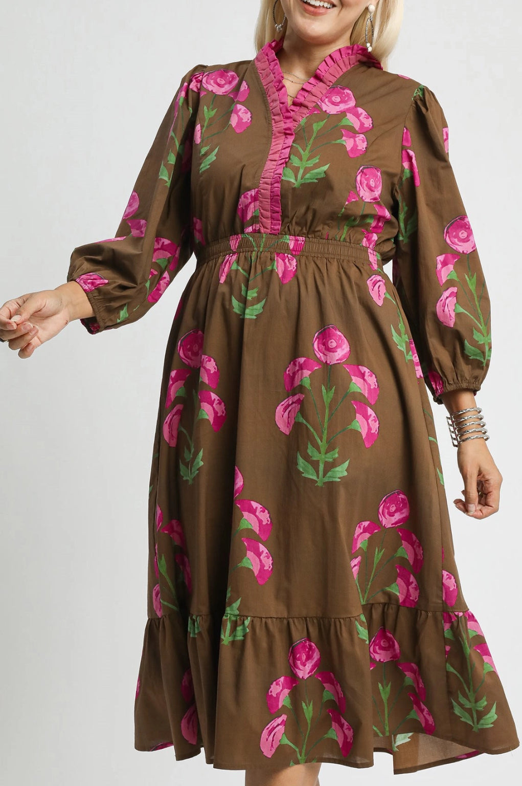 Brown mix floral midi dress