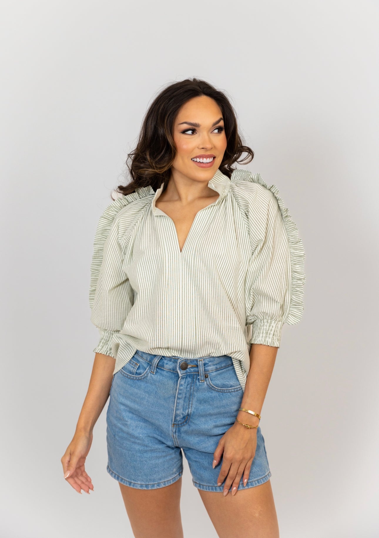 Stripe Ruffle Short Sleeve Top by KARLIE