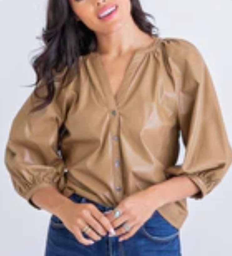 Solid Pleather Button Top by Karlie