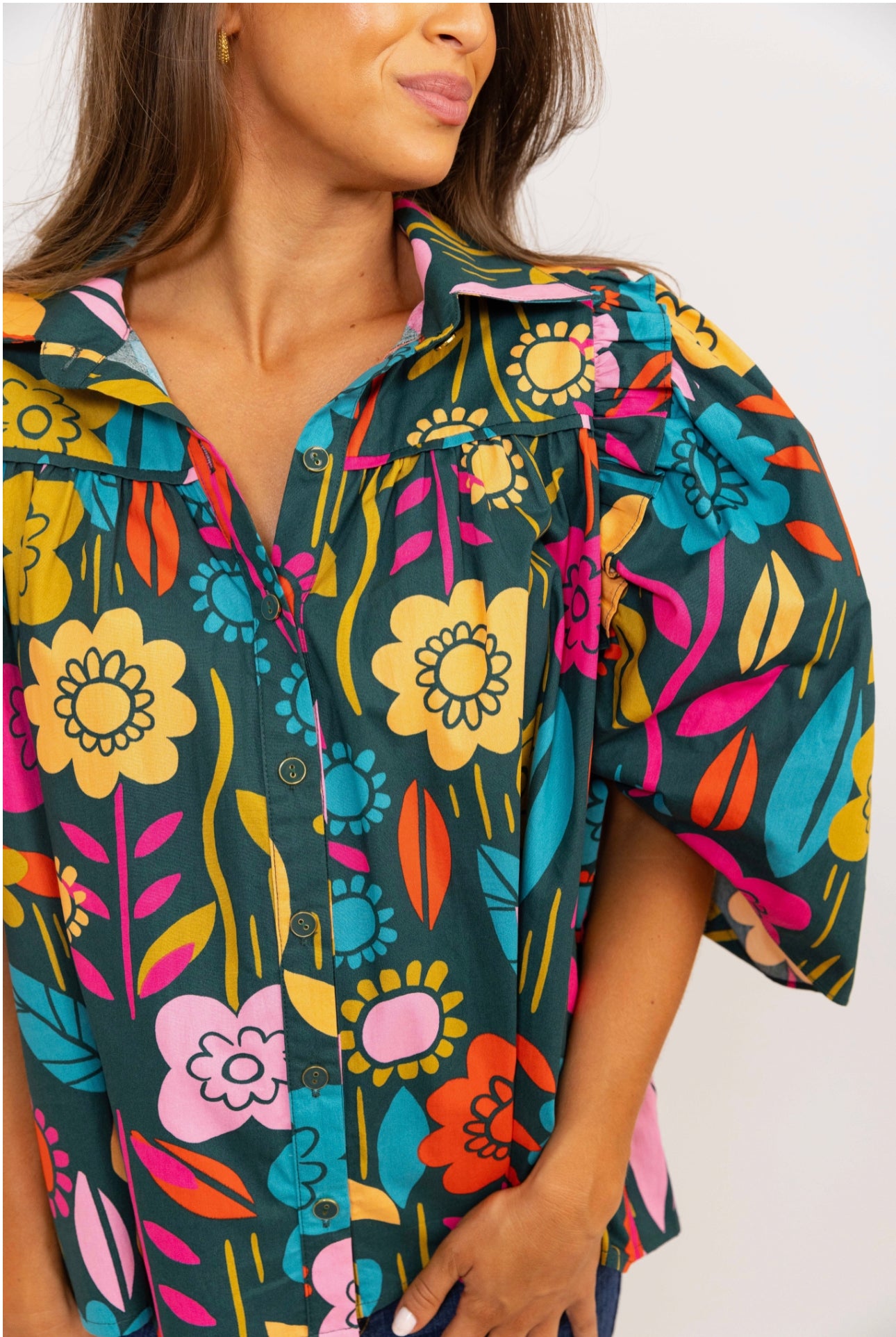 Retro Floral Garden Button Up Ruffle Top by KARLIE