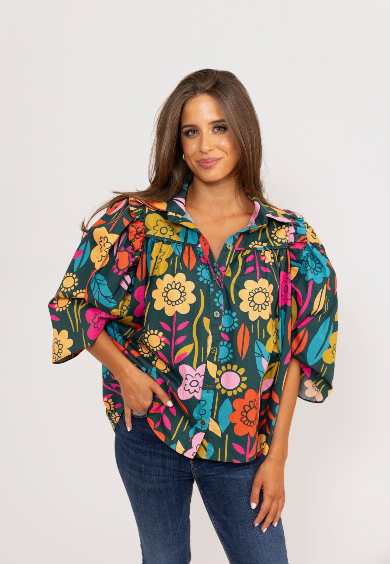 Retro Floral Garden Button Up Ruffle Top by KARLIE