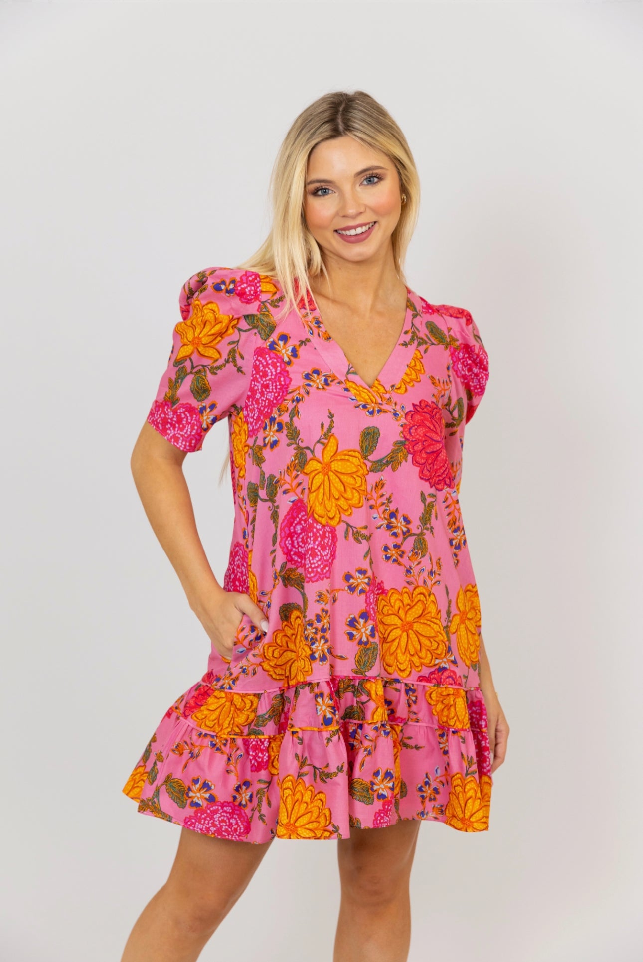 Floral Vneck Ruffle Bottom Dress by KARLIE