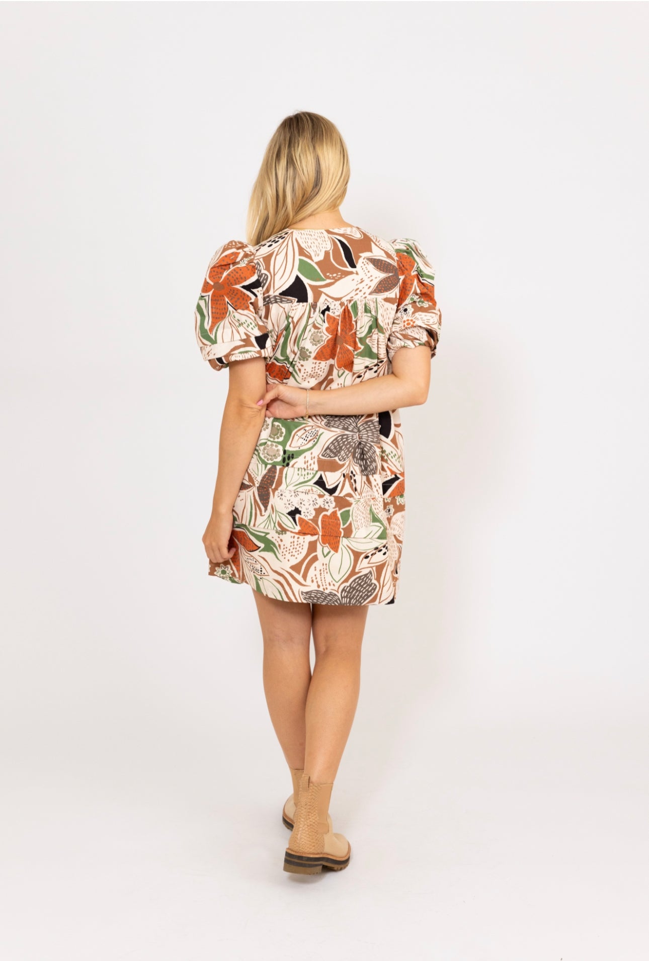 Floral Poplin Vneck Button Puff Slv Dress by KARLIE