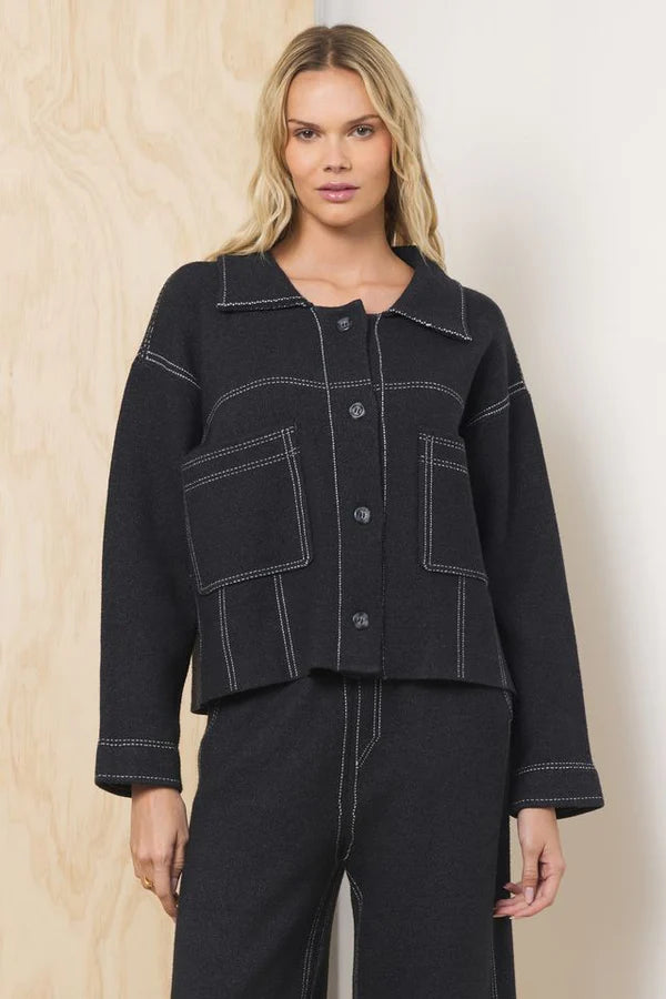 Black w/ ivory sweater jacket w/ contrast stitching