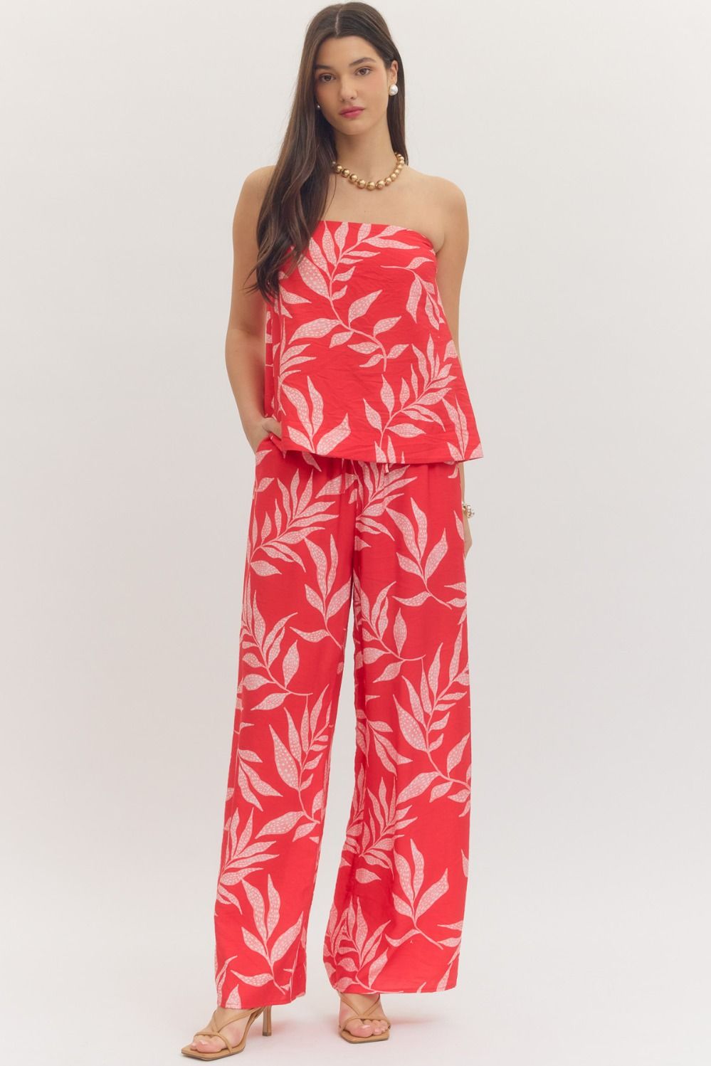 red strapless pant set