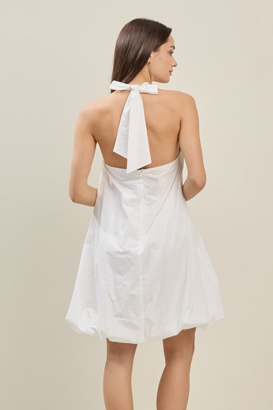 Bubble hem halter neck white mini dress