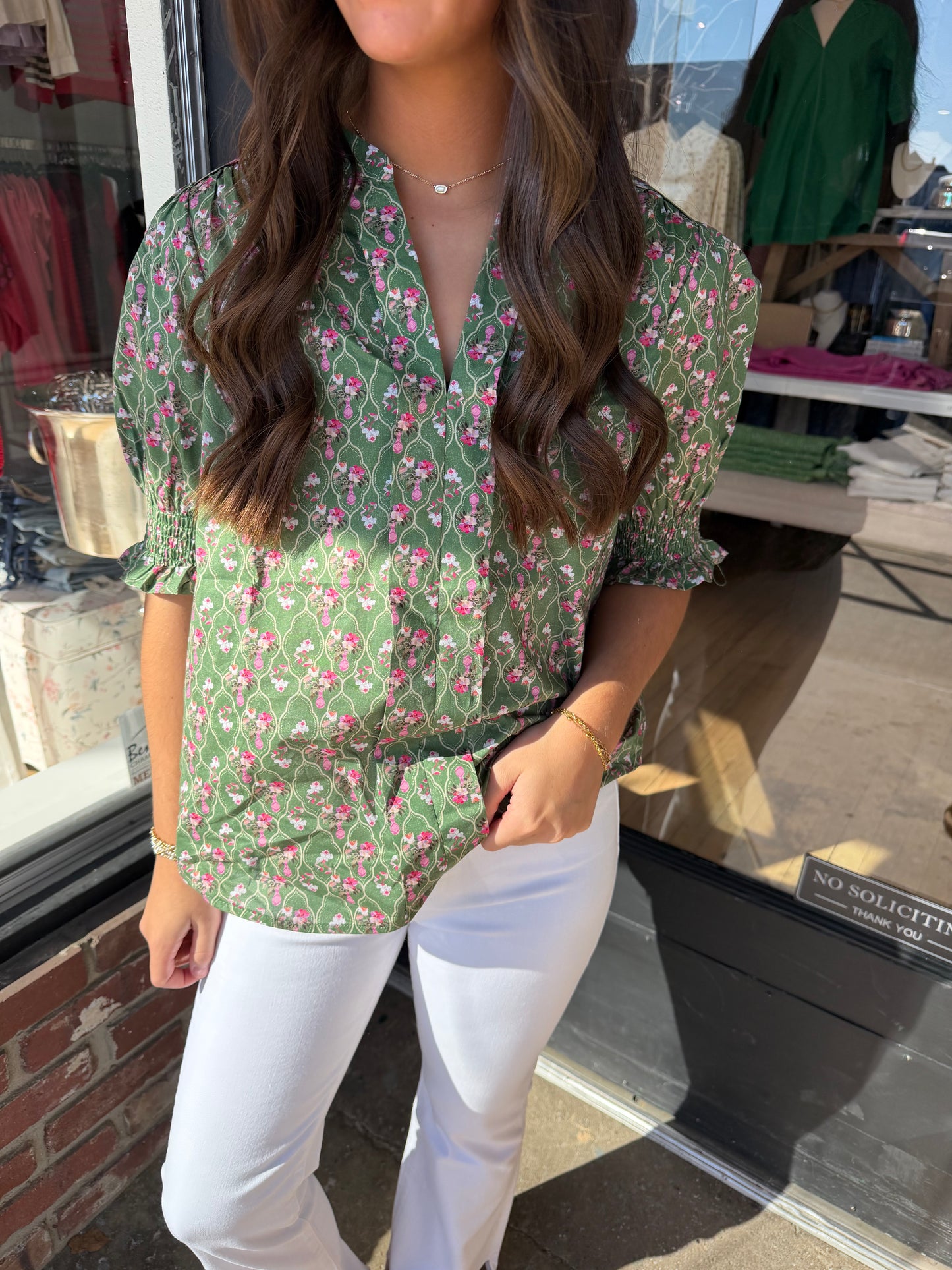 Smocked green floral top