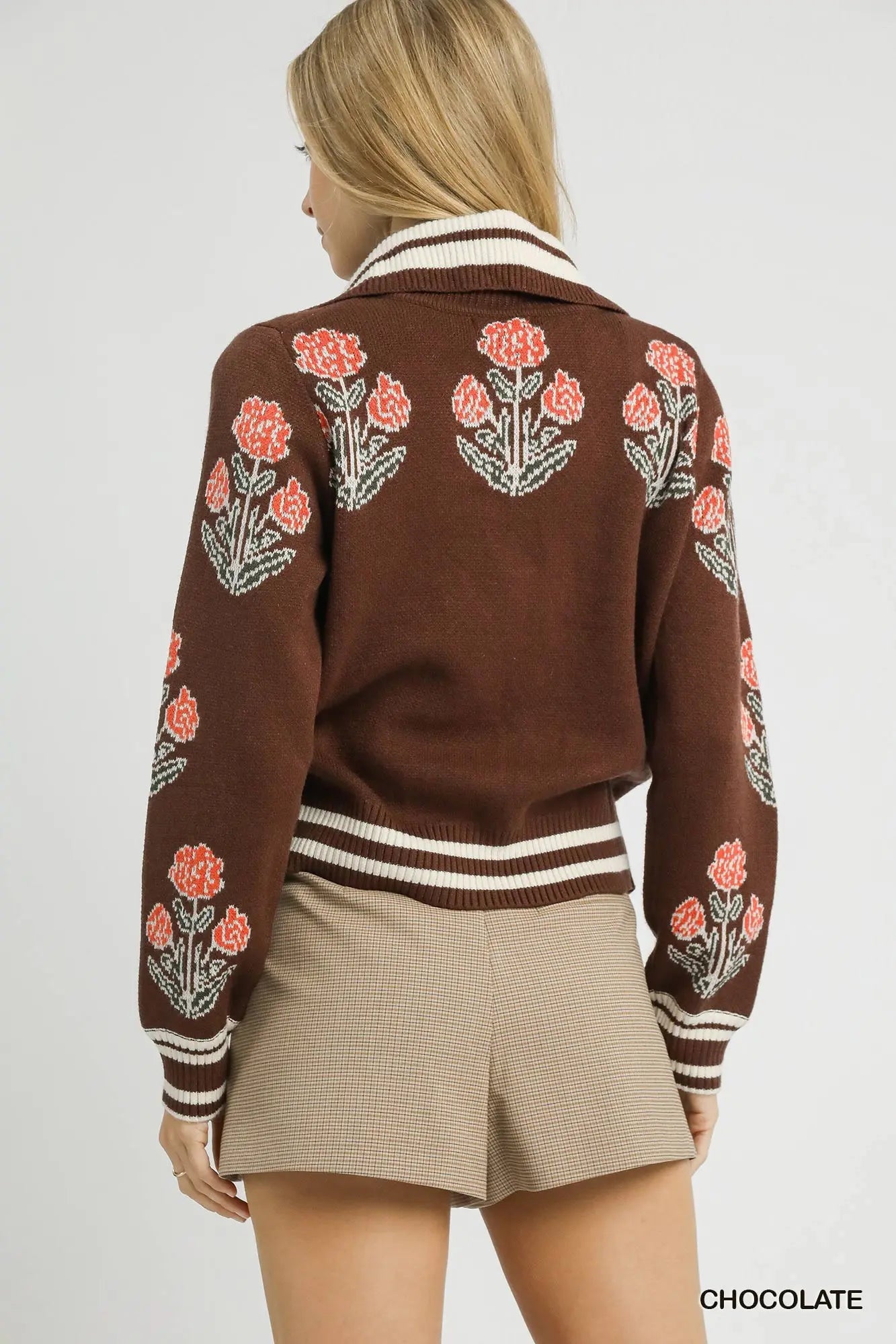 Chocolate floral zip up sweater