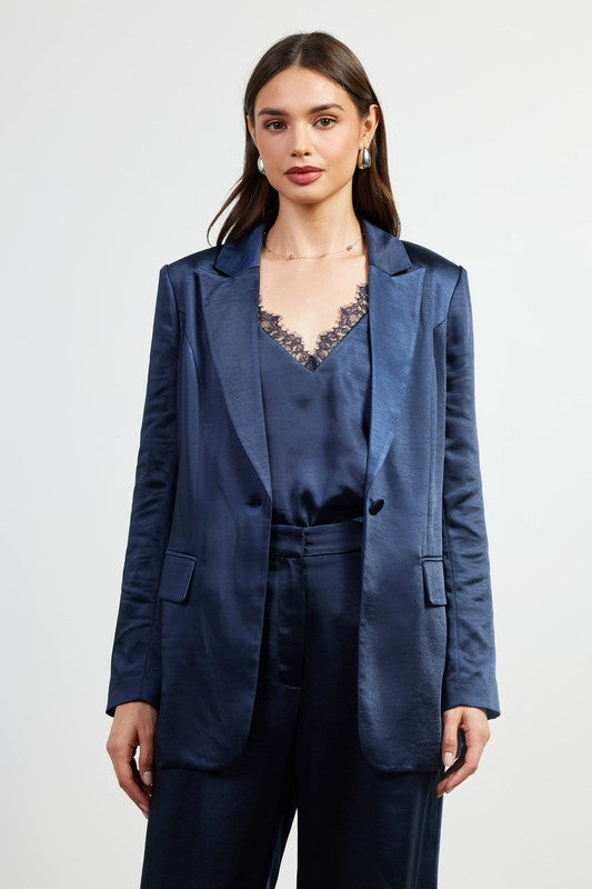 One button satin navy blazer