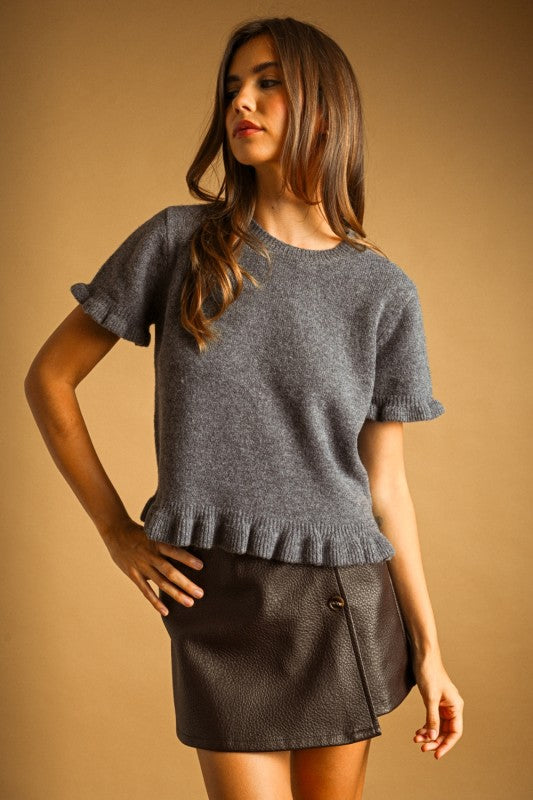 Grey ruffle hem sweater top
