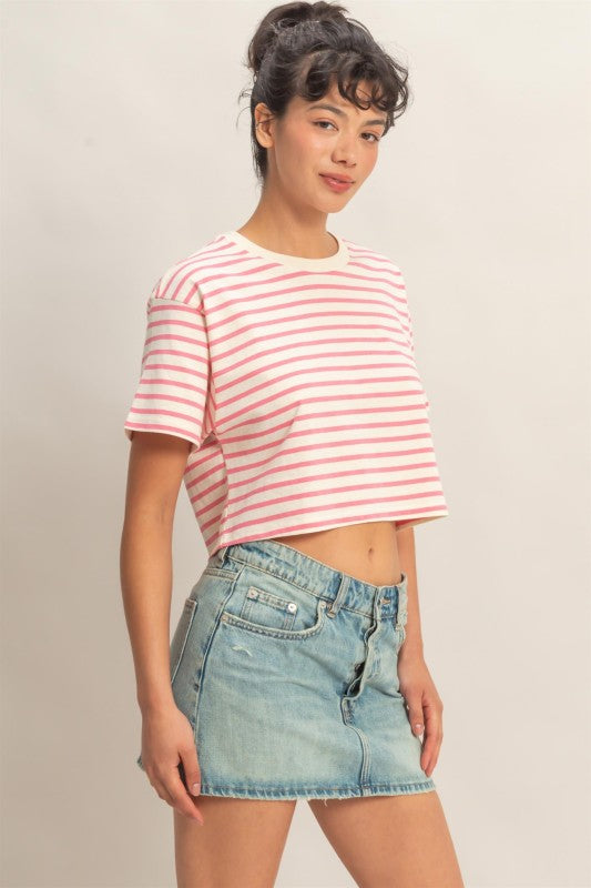 pink striped crop tee