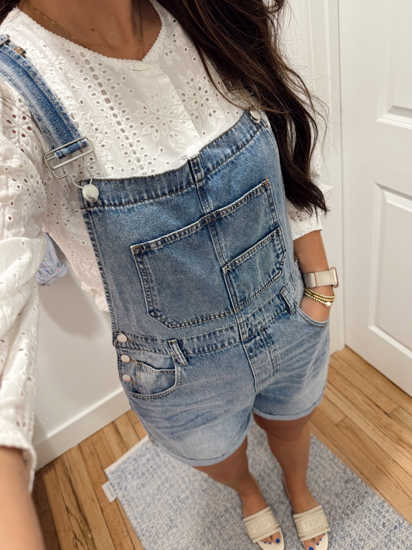 Front bib pocket Rolled Hemline Denim Overalls