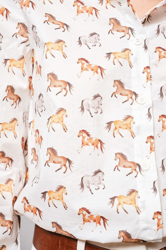 Cotton poplin horse print button down shirt