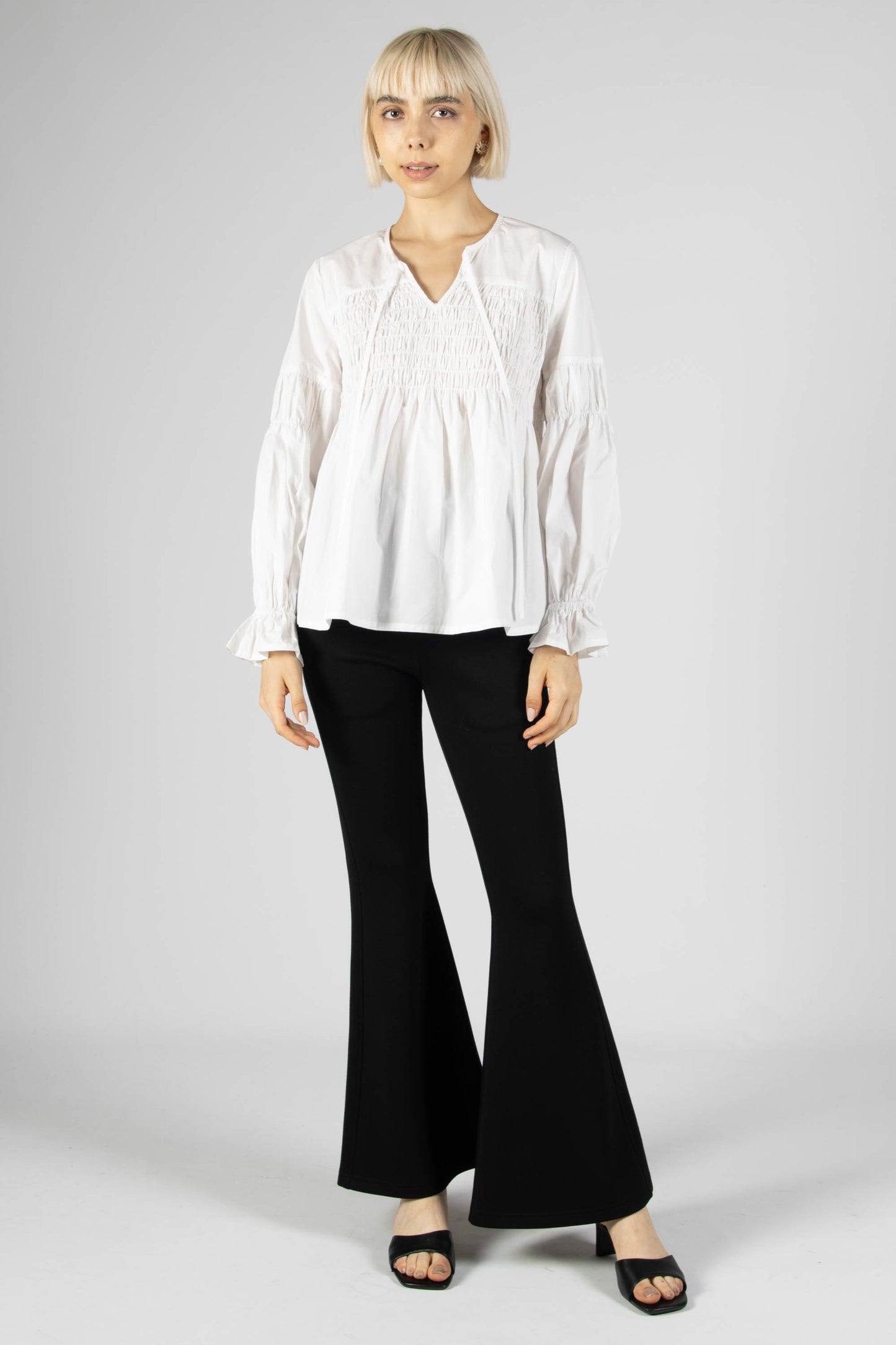 Poplin V-Neck Shirred Boddice Top