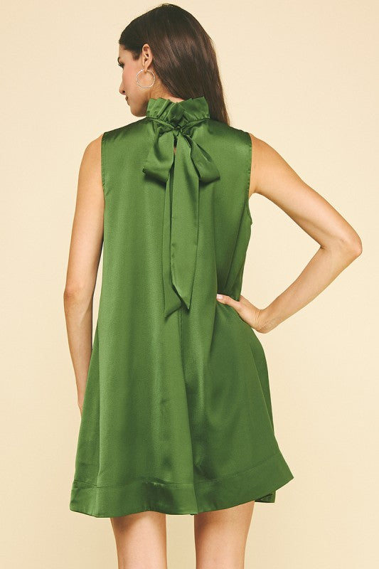 Green high neck bow back mini dress
