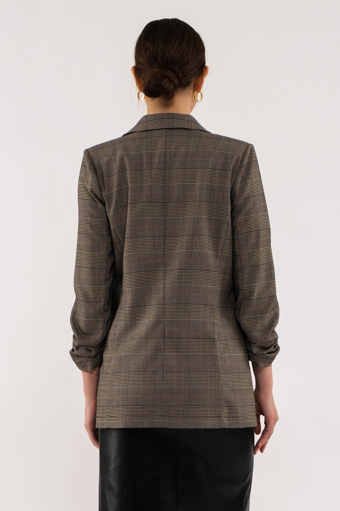Maroon and plaid rouched blazer