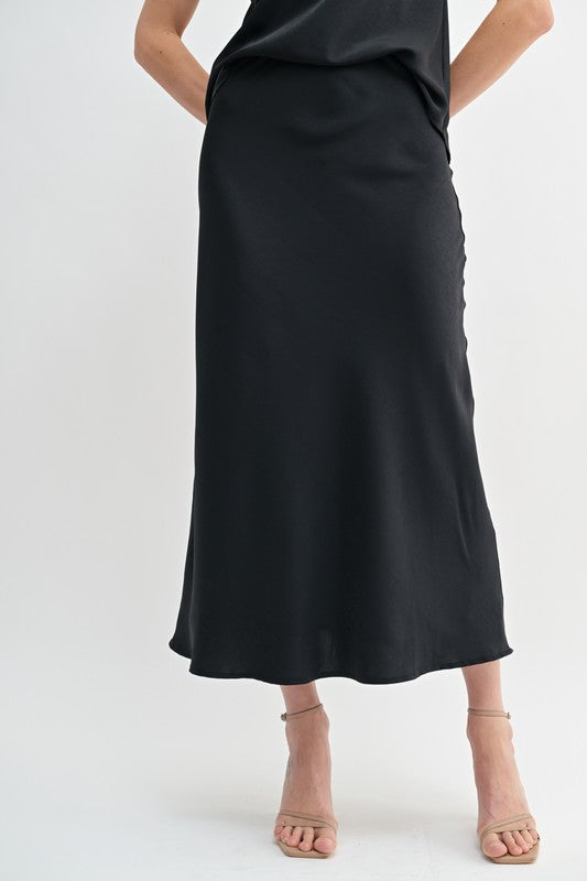 Black satin midi skirt